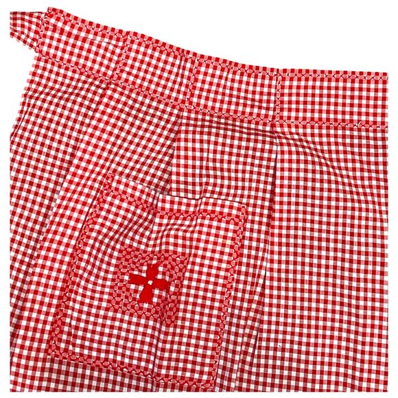 Gingham Print Vintage Apron Handmade Cross Stitched Embroidered Red Check - Picture 6 of 9